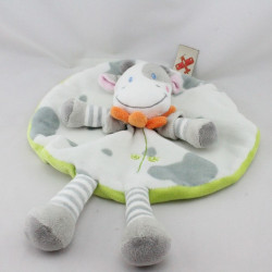 Doudou plat vache blanche grise verte col fleur orange NICOTOY
