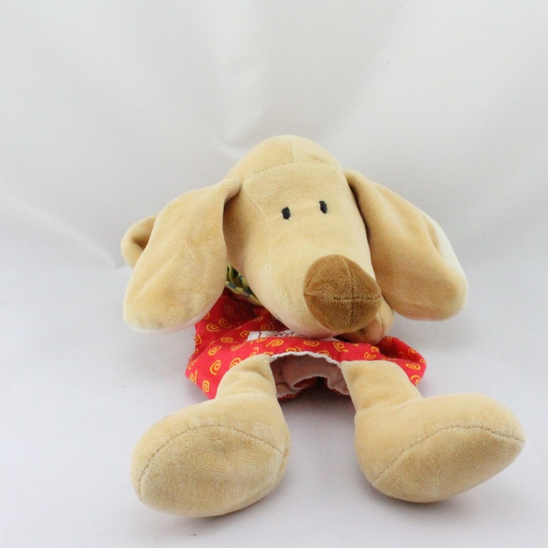 Doudou plat marionnette chien beige rouge SIGIKID