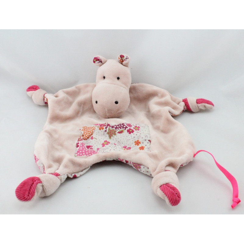 Doudou plat hippopotame rose fleurs DPAM