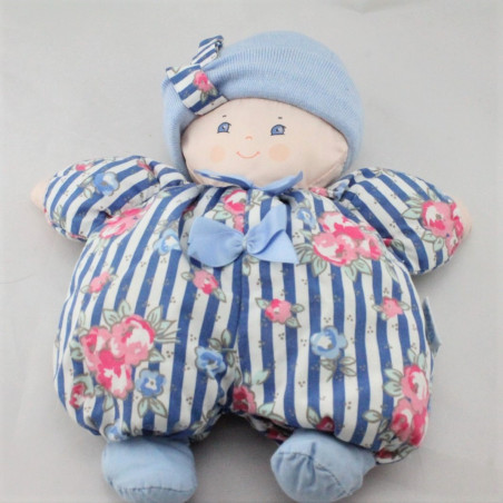 Ancienne poupée chiffon bleu rayé fleurs COROLLE 1995