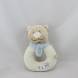 Doudou hochet ours beige blanc bleu Tonton NOUKIE'S