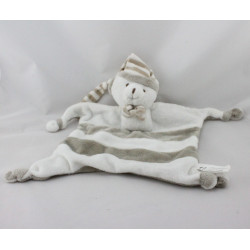 Doudou plat ours blanc gris rayé IDEAL PROMOTION