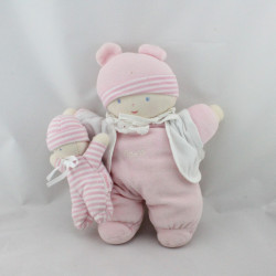 Doudou poupée lutin chiffon blanc rose rayé avec bébé COROLLE