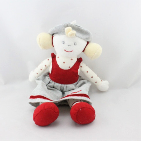 Doudou poupée fille gris rouge blanc pois BERLINGOT Neuf