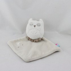 Doudou plat mouchoir chouette hibou beige blanc SUCRE D'ORGE