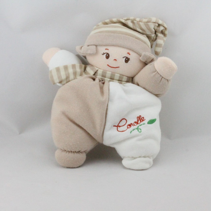 Doudou poupée chiffon beige blanc coeur COROLLE 