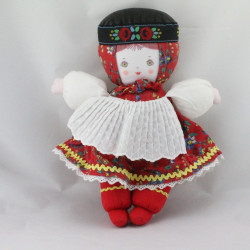 Ancienne poupée robe rouge fleurs tablier blanc COROLLE