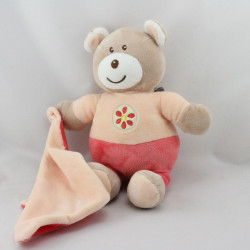 Doudou ours orange rose pêche fleur mouchoir AJENA