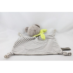 Doudou plat ours beige gris rayé écharpe verte ORCHESTRA