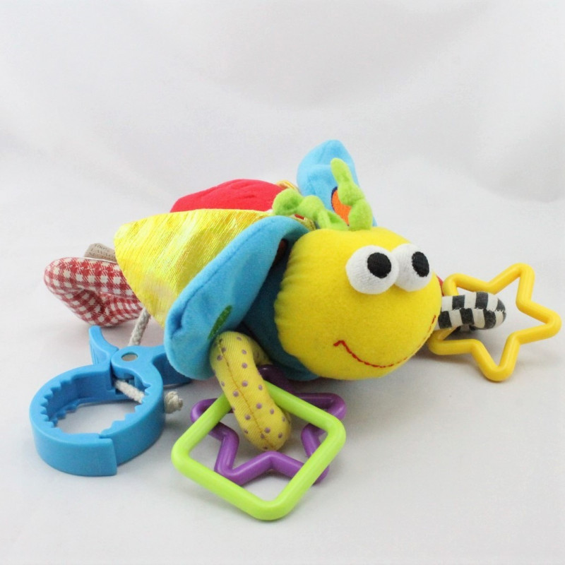 Doudou eveil insecte papillon rouge bleu jaune vert hochet