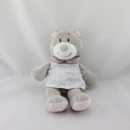 Doudou ours gris rose prune robe blanche NOUKIE'S
