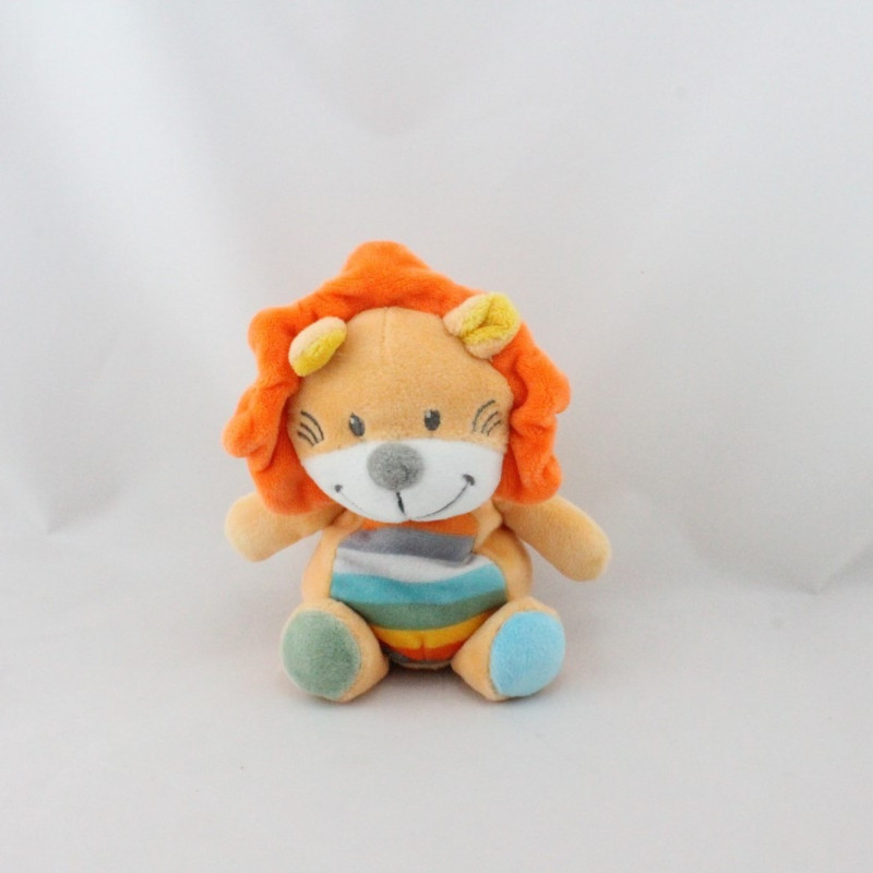 Doudou lion orange bleu vert jaune rayé TEX
