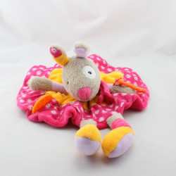 Doudou plat rond lapin beige rose orange fleurs hochet BABYSUN
