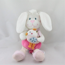 Doudou musical lapin blanc rose vert oiseau TEX