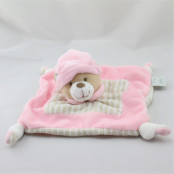 Doudou plat ours rose blanc beige rayé MES PETITS CAILLOUX CMP