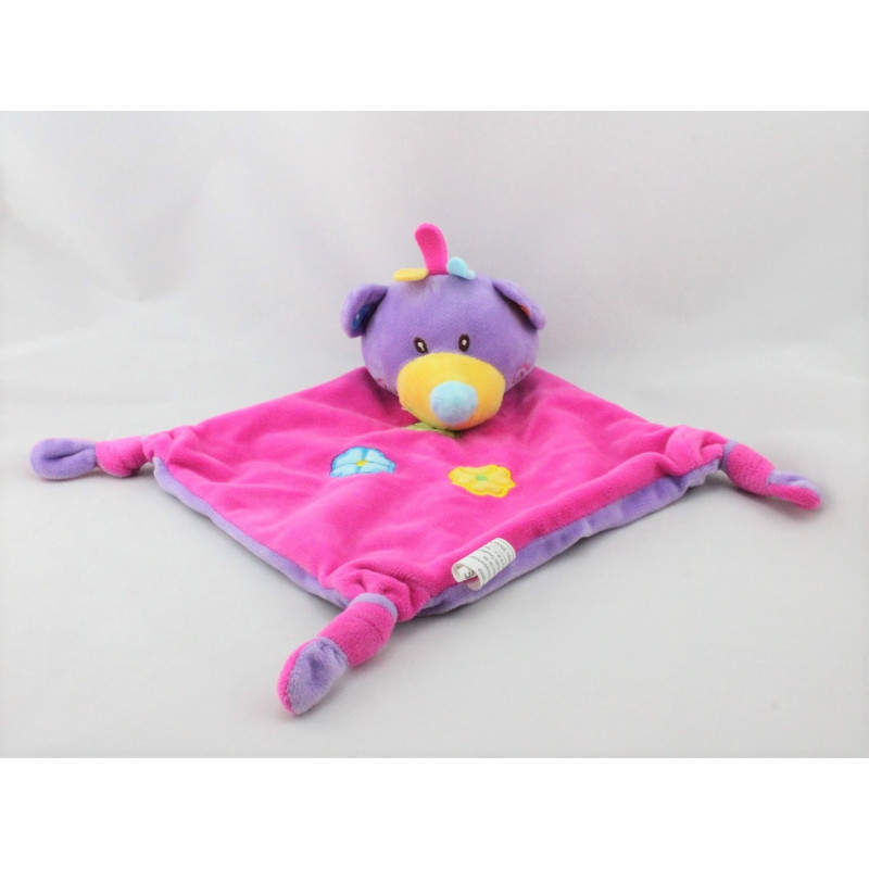 Doudou plat ours rose violet fleurs 