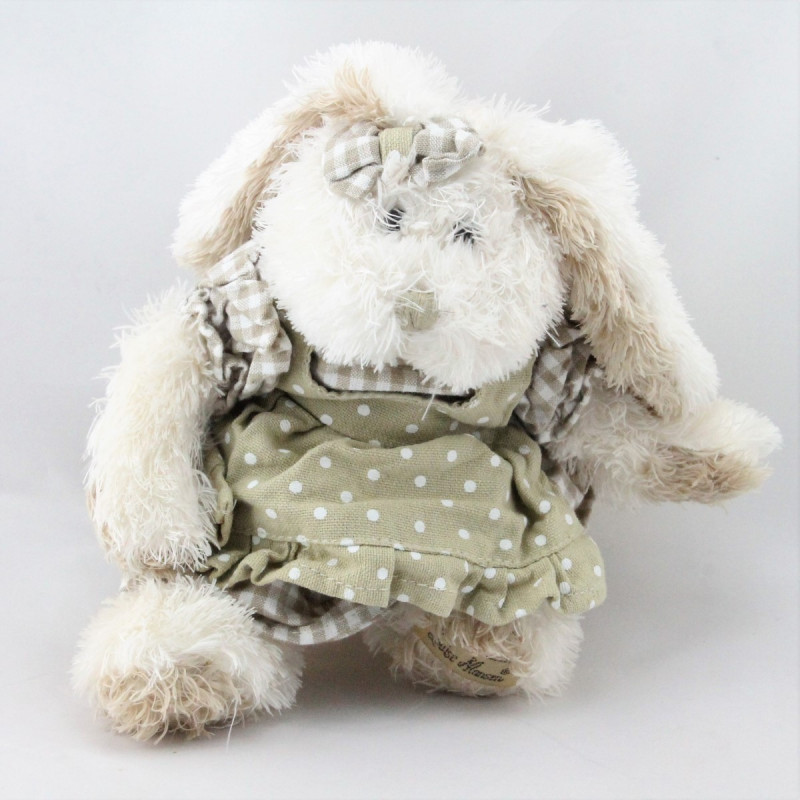 Peluche lapin écru beige marron robe vichy LOUISE MANSEN