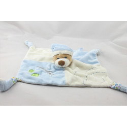 Doudou plat ours bleu blanc feuilles GIPSY