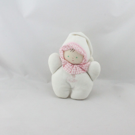 Doudou hochet poupon bébé blanc col rose vichy COROLLE