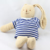 Doudou lapin beige pull rayé blanc bleu TROUSSELIER