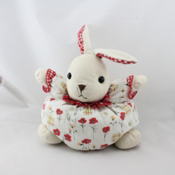 Doudou lapin blanc écru rouge fleurs vichy AJENA