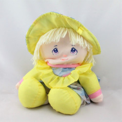 Ancienne Poupée Tissu jaune bleu rose fleurs DOLLY MINE 1987