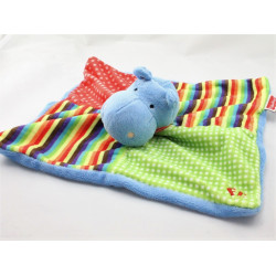 Doudou plat hippopotame bleu vert rouge pois rayé FISHER PRICE