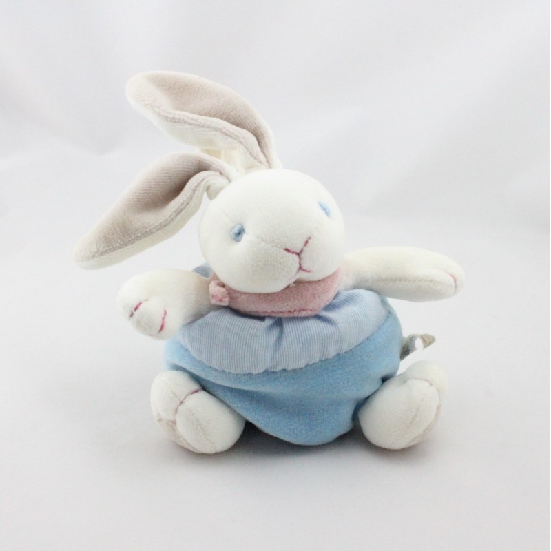 Petit Doudou lapin boule blanc bleu foulard rose NATURE ET DECOUVERTE