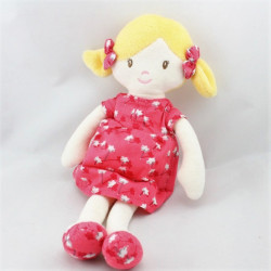 Doudou poupée fille blonde robe rose fleurs OBAIBI