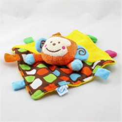 Doudou plat singe jaune marron orange bleu B KIDS