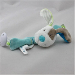 Doudou attache tétine chien bleu blanc beige vert SUCRE D'ORGE