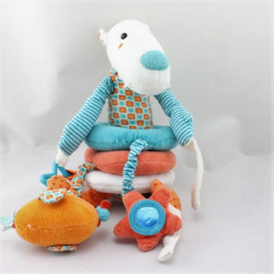 Doudou eveil anneaux chien loup blanc bleu orange ORCHESTRA PREMAMAN