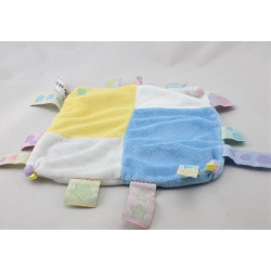 Doudou plat carré bleu jaune blanc rose étiquettes CMP REVE DE BEBEE