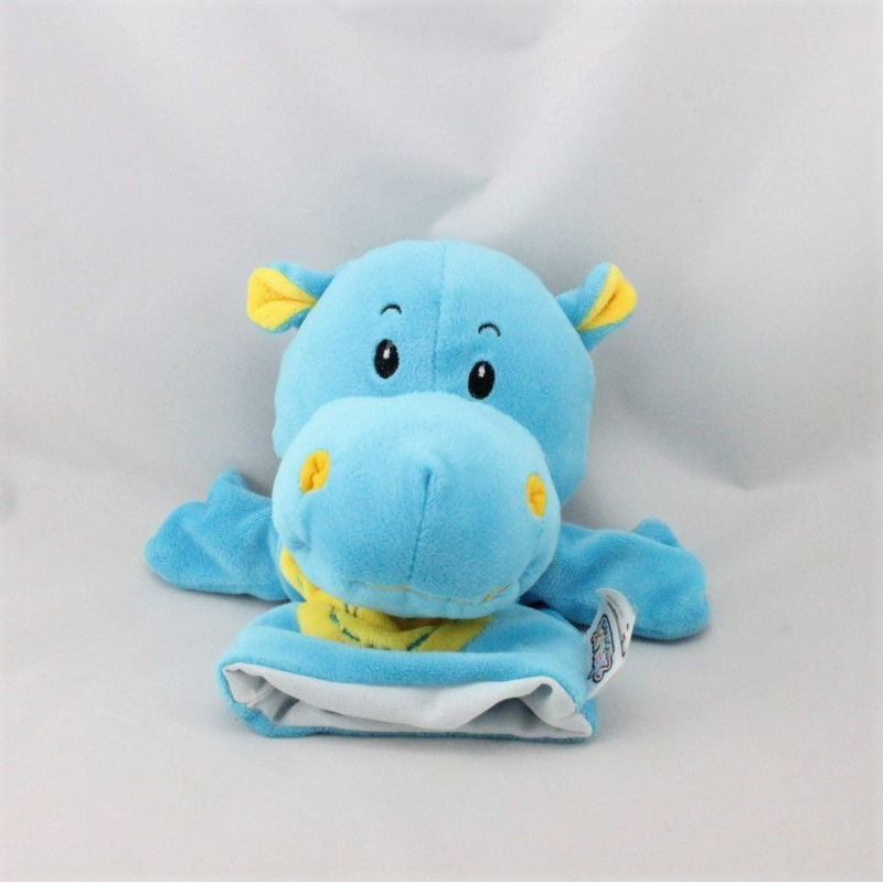 Doudou marionnette hippopotame bleu jaune  JEUX 2 MOMES