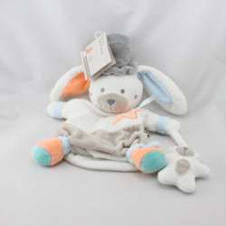 Doudou plat marionnette lapin blanc beige bleu orange gris Bébé9