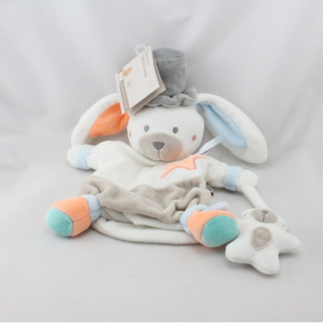 Doudou plat marionnette lapin blanc beige bleu orange gris Bébé9