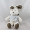 Doudou lapin blanc gris beige pull bleu papillon NICOTOY