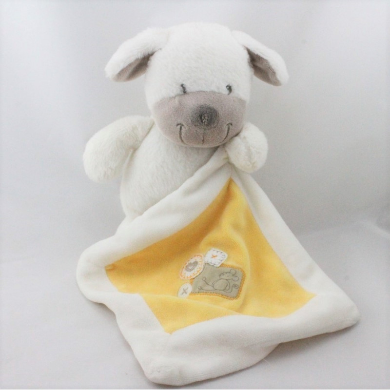 Doudou chien blanc beige mouchoir jaune NICOTOY