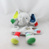 Doudou marionnette éléphant gris bleu vert rouge étiquettes INFLUX