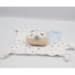 Doudou plat renard blanc bleu beige plumes SIPLEC