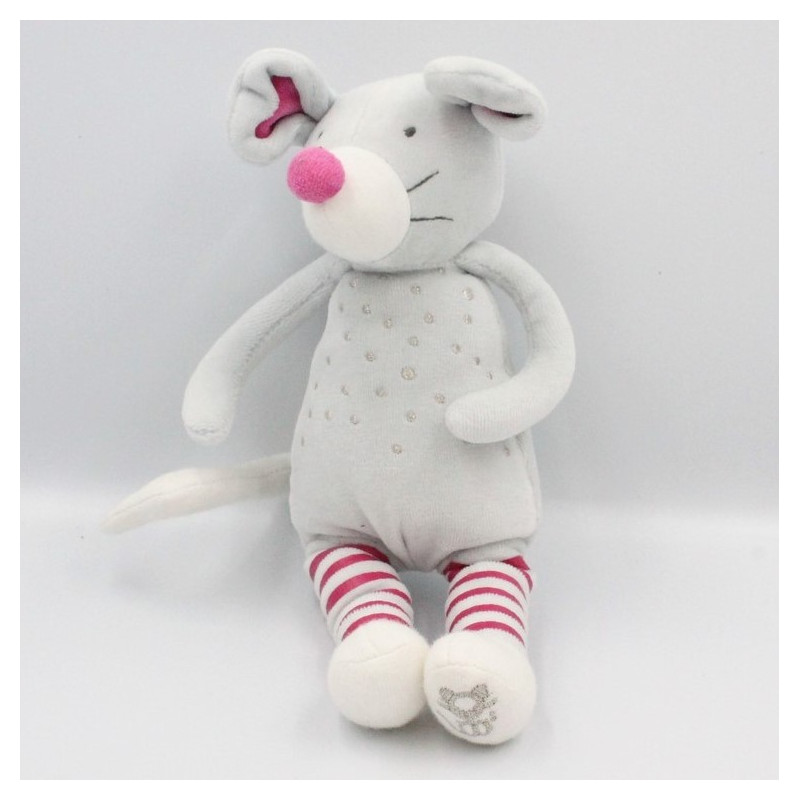 Doudou souris grise rose rayé OBAIBI