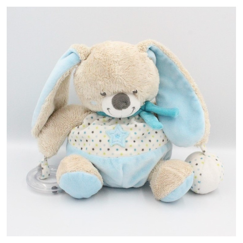 Doudou lapin bleu blanc étoiles hochet balle MOTS D'ENFANTS