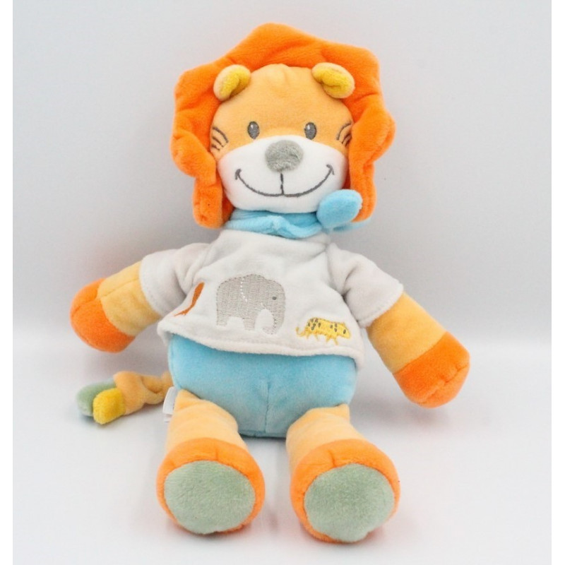 Doudou lion orange bleu gris TEX