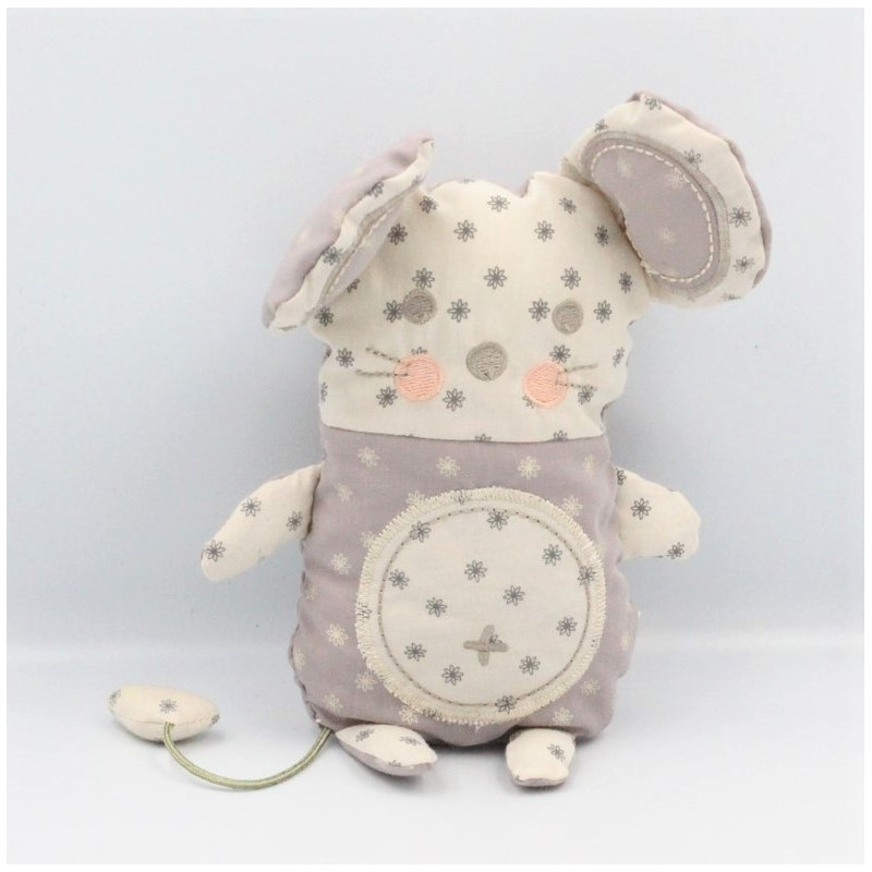 Doudou semi plat souris grise beige fleurs VERTBAUDET