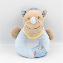 Doudou hochet rhinocéros bleu marron Arthur et Louis NATTOU