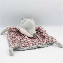 Doudou plat loup gris rouge carreaux OBAIBI