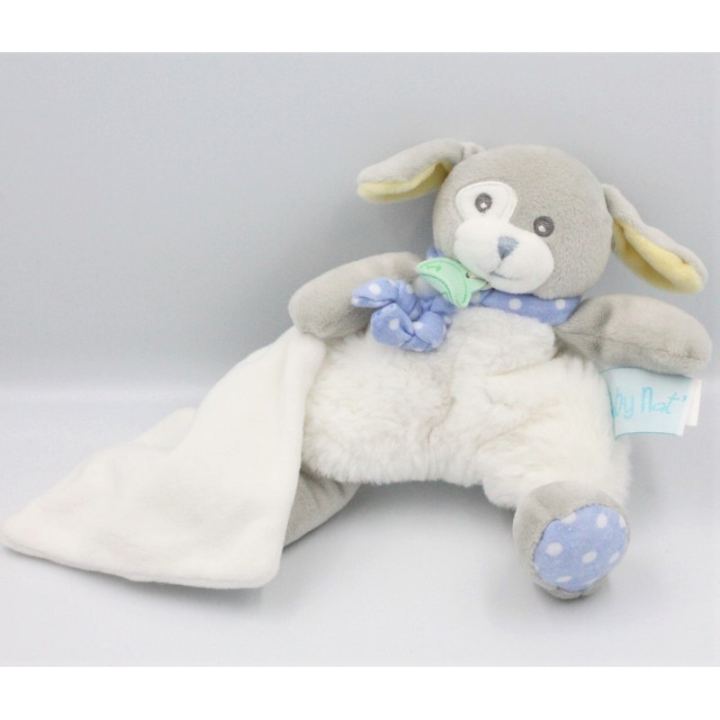 Doudou chien gris blanc bleu jaune mouchoir BABY NAT
