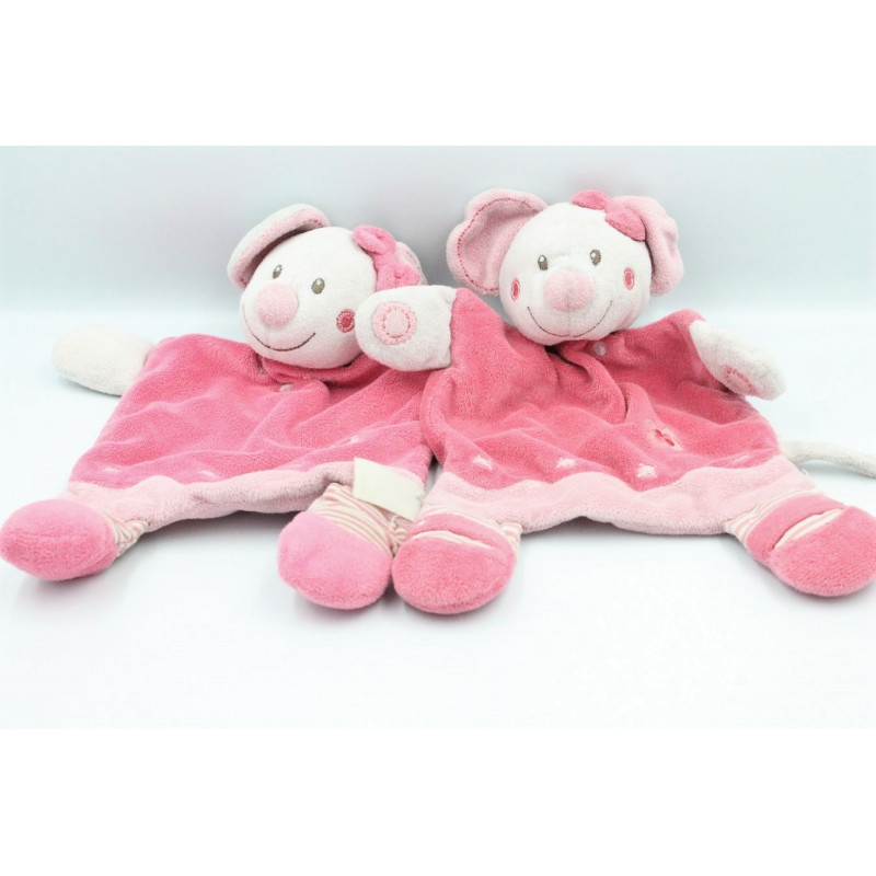 Doudou plat Mimi la souris rose fleurs NICOTOY KIABI lot de 2