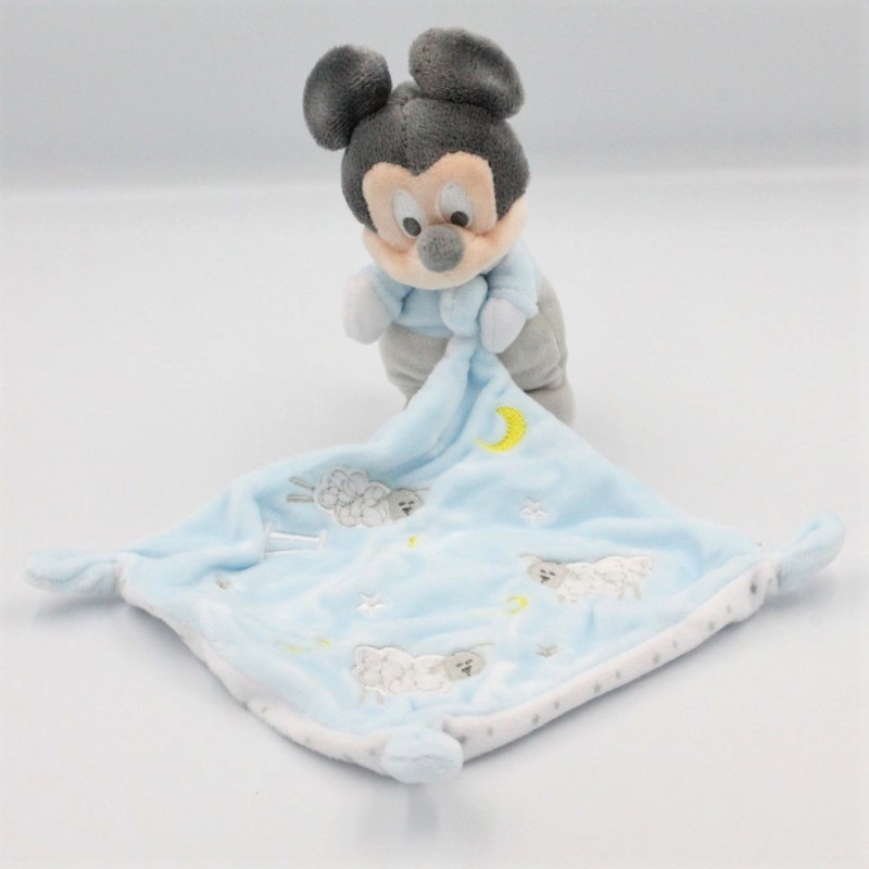 Doudou Bebe Mickey Bleu Gris Mouchoir Moutons Disney Baby