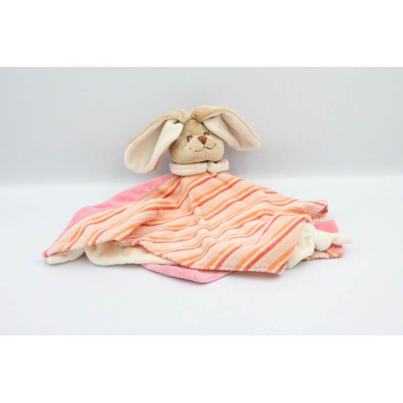 Doudou plat lapin beige blanc rose rayé orange BUKOWSKI